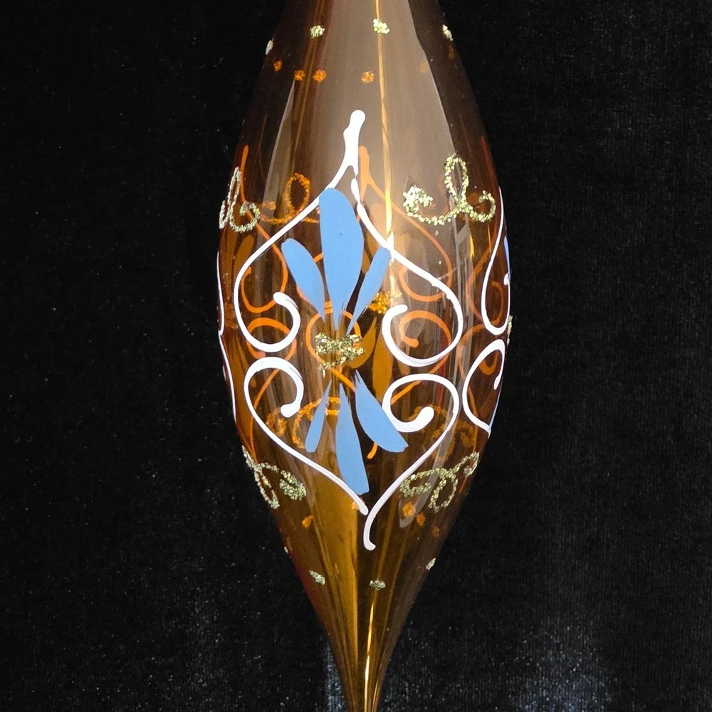 VTG Made in Italy Blown Glass Teardrop Finial Christmas Ornament Hand Painted